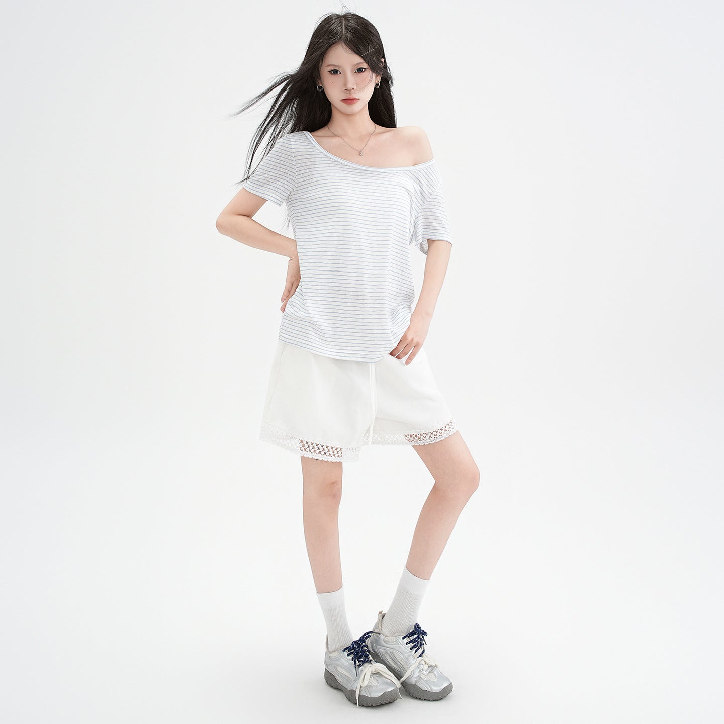 blue and white striped off-shoulder design short sleeve T-shirt for women