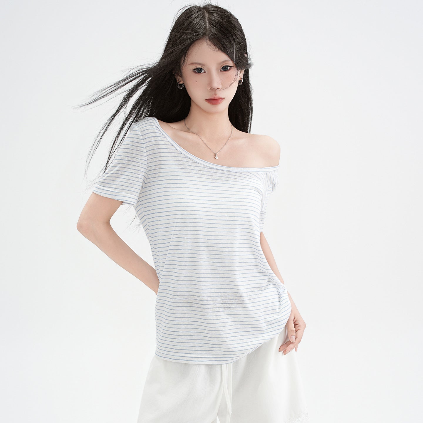 blue and white striped off-shoulder design short sleeve T-shirt for women