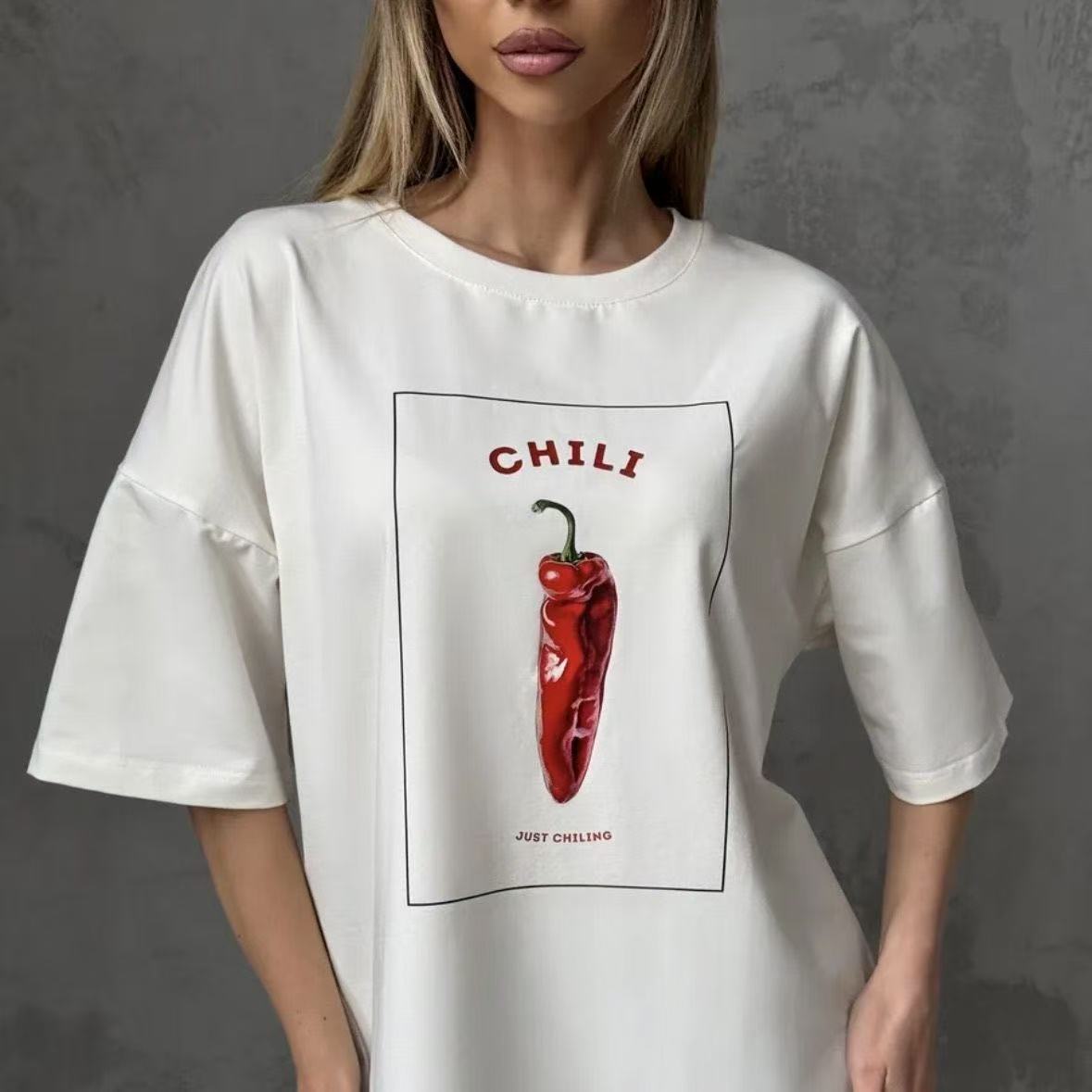 Chili print round neck short sleeved T-shirt top