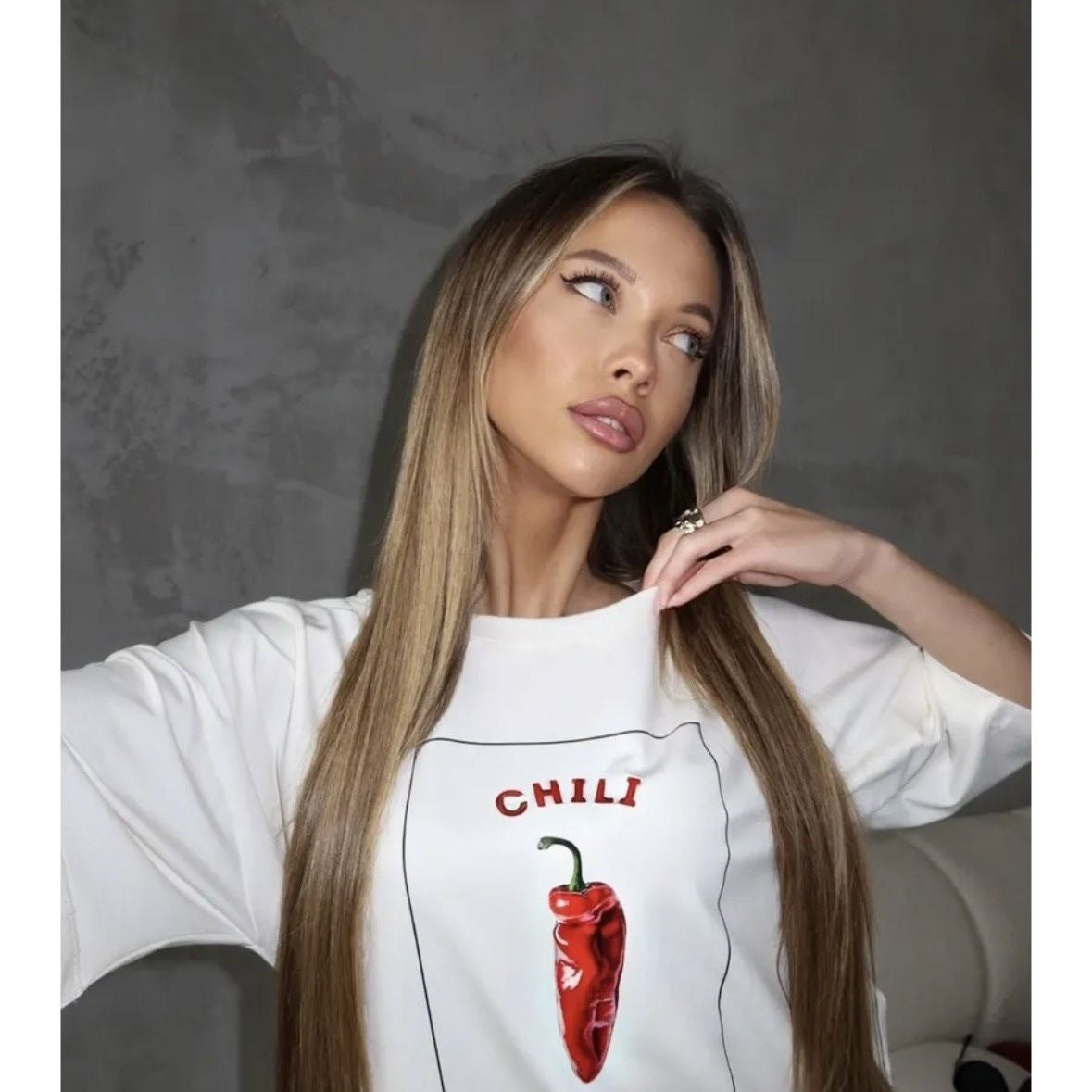 Chili print round neck short sleeved T-shirt top
