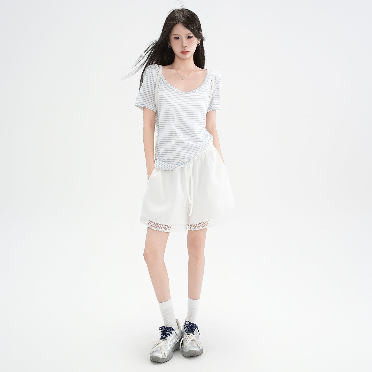 blue and white striped off-shoulder design short sleeve T-shirt for women