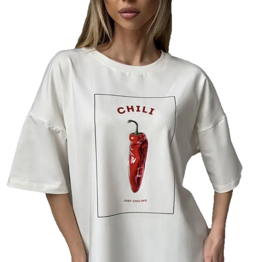 Chili print round neck short sleeved T-shirt top