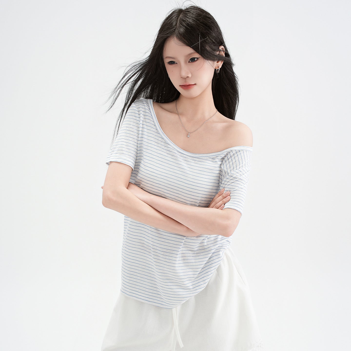 blue and white striped off-shoulder design short sleeve T-shirt for women
