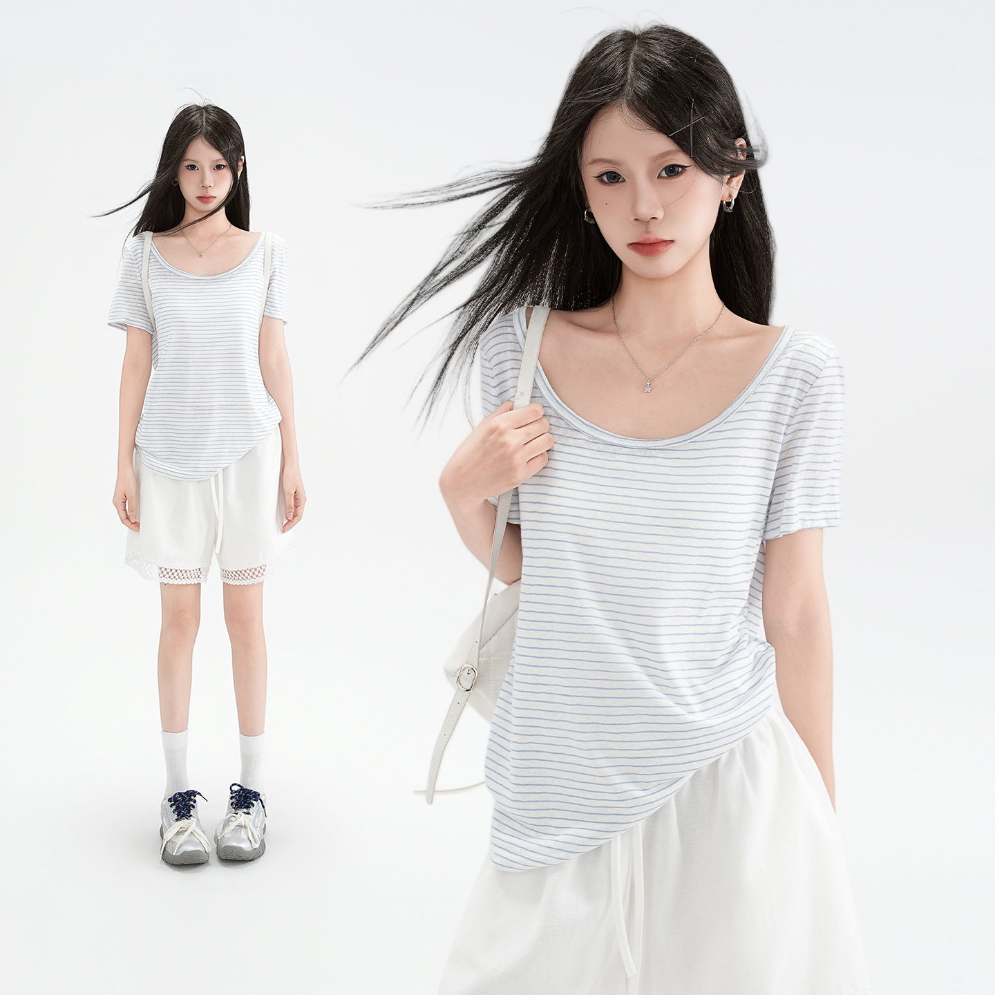 blue and white striped off-shoulder design short sleeve T-shirt for women