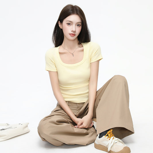 Color Square Neck Short Sleeve T-Shirt for Women, Minimalist Design, Fitted Top