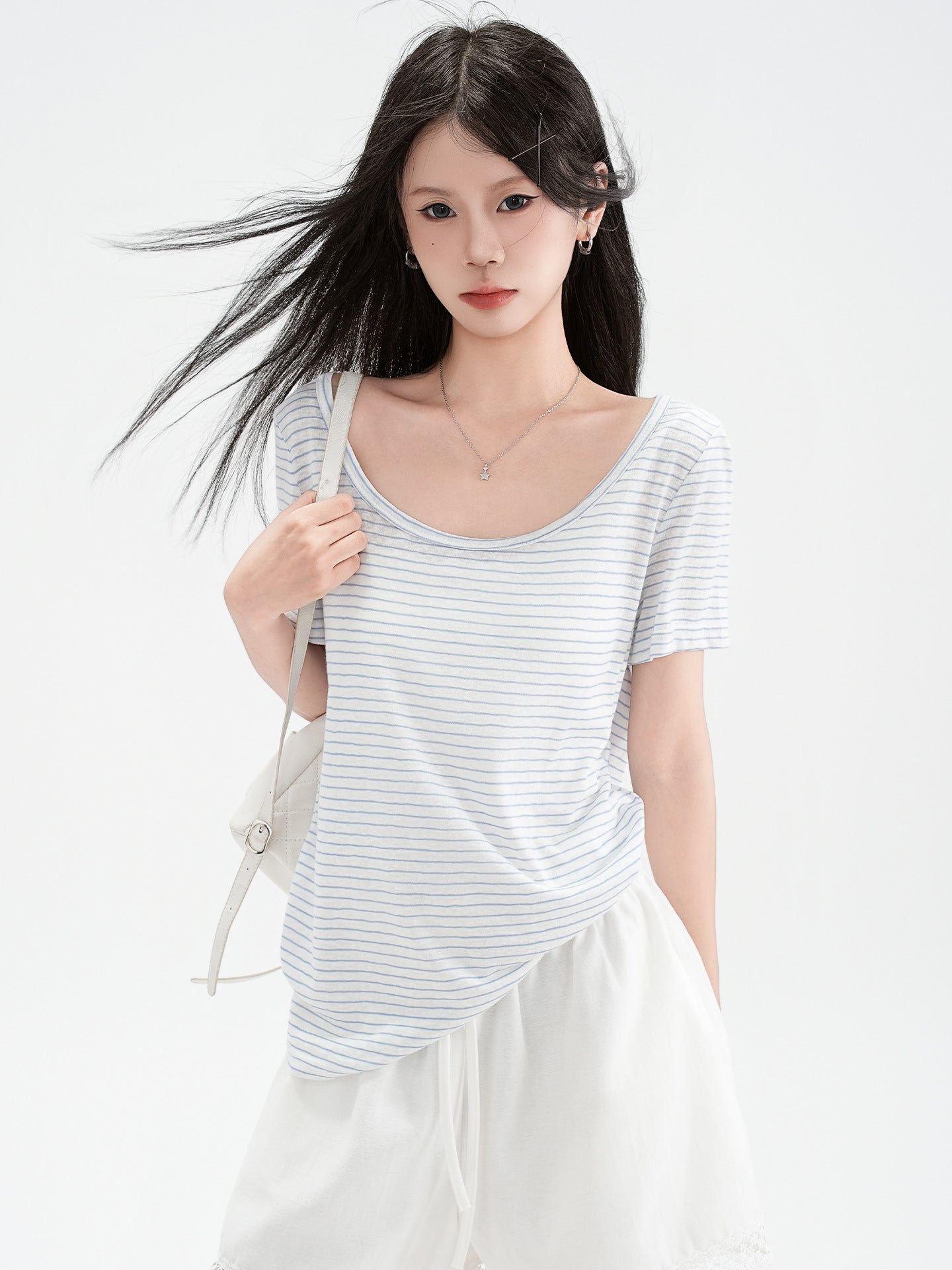 blue and white striped off-shoulder design short sleeve T-shirt for women