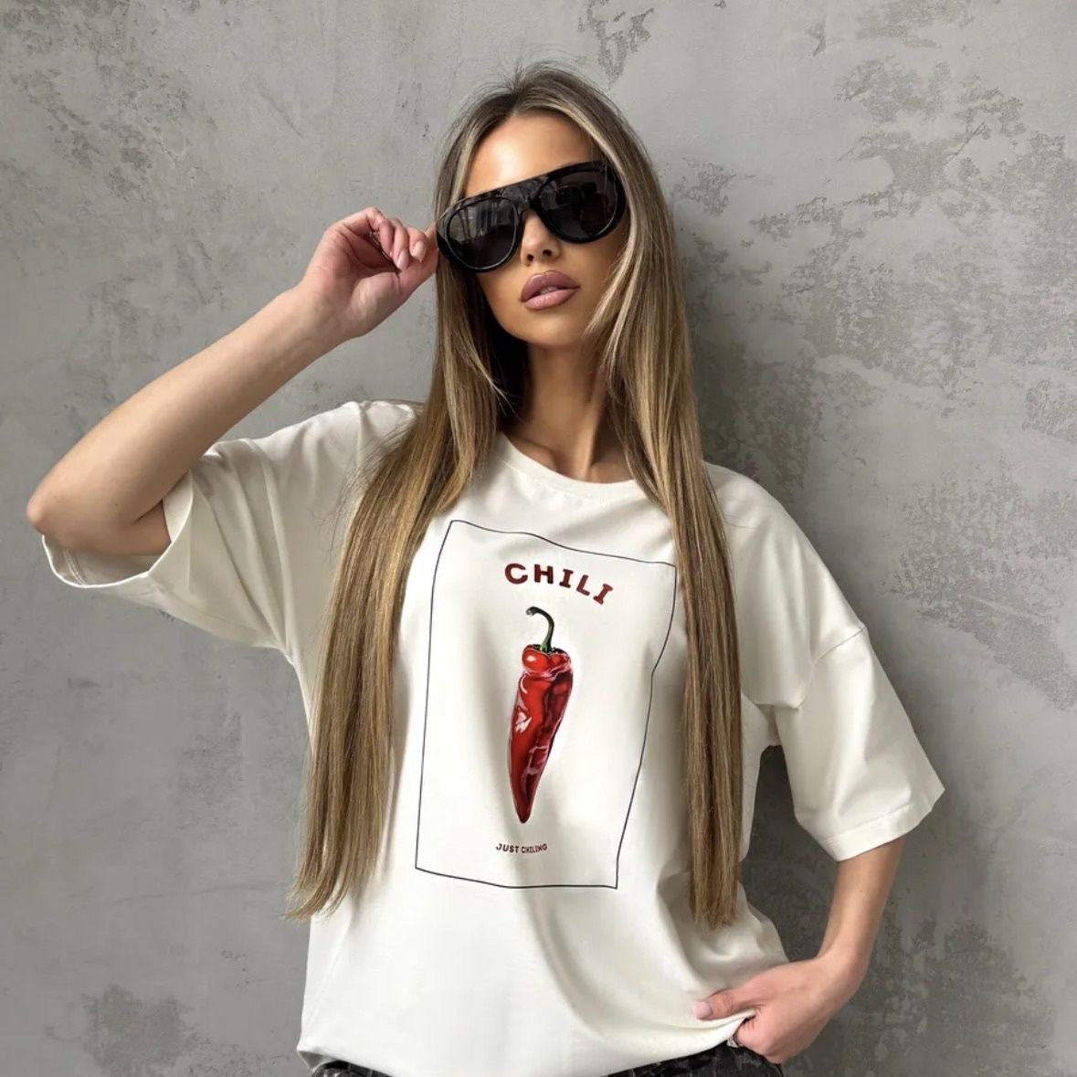 Chili print round neck short sleeved T-shirt top